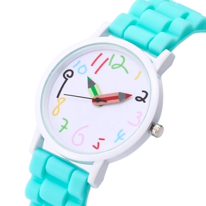 Detail showing the pencil-shaped clock hands and colorful numbers on a blue silicone watch