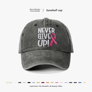 Vintage Washed Cotton Baseball Cap Never Give Up Embroidery Breast Cancer Awareness Pink Ribbon Retro Unisex Sun Hat
