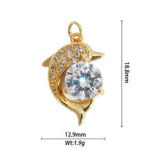 Detailed view of gold-plated dolphin pendant with white zircon pavé and measurements