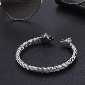 Men's stainless steel wolf head braided bracelet on black leather with sunglasses