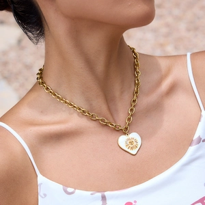 Gold plated stainless steel chain necklace with white heart sun face pendant on model