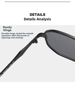 Macro shot of durable metal hinge and CE mark on black geometric sunglasses frame