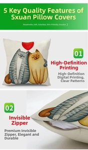 Detail of linen cushion cover with cat prints, featuring high-definition digital printing