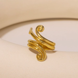Polished gold stainless steel spiral open ring with minimalist curved wrap design