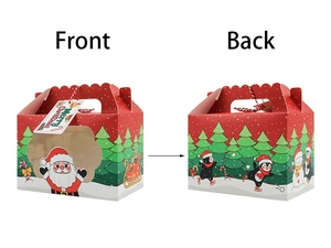 Macro detail of Christmas treat box showing festive illustrations and clear window