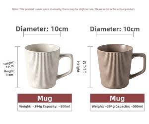 Size chart showing 500ml ceramic mug dimensions of 10cm diameter and 11cm height