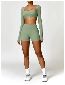 Sage green sports set with square neck long sleeve crop top and high waist slim shorts