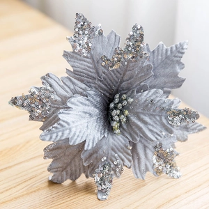 25cm silver velvet Christmas flower with sparkling sequins for holiday decoration