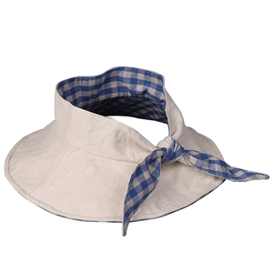 Women's linen open top sun hat with wide brim and blue checkered bow tie on back