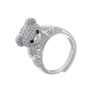 Detail of silver bear ring with pave setting micro zircon and adjustable open band