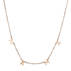 Detail of rose gold MAMA letter necklace with polished O-chain on white background