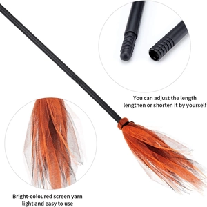 Halloween witch broom with orange mesh and LED lights, featuring adjustable length handle