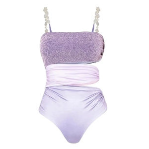 Sparkly purple cut-out swimsuit with sequin top and elegant pearl bead shoulder straps