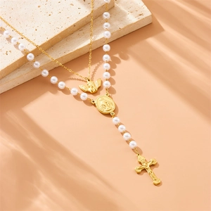 Double-layer gold necklace with angel pendant, pearl beads, and religious cross charm
