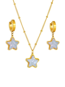 Detailed set of gold star pendant necklace and matching earrings with pearly inlay