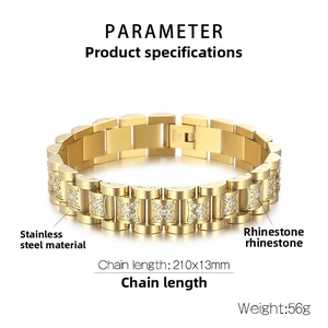 Detailed view of 13mm gold stainless steel watch-style bracelet set with sparkling rhinestones