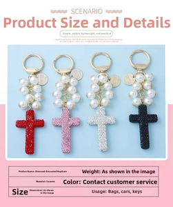 Detailed view of beaded bow cross keychains with clay rhinestones in four colors