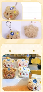 Detail views of plush bear keychains with curly fur and small striped hats in four colors