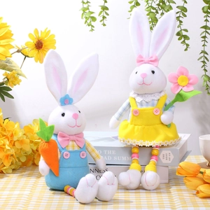 Easter Bunny Plush Doll Long Beaded Legs Holding Carrot Flower Sitting Pastoral Desktop Ornament Home Decoration Spring