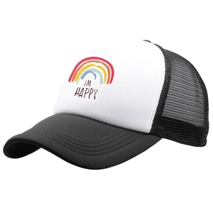I'M HAPPY rainbow print trucker hat with black white contrast and mesh back