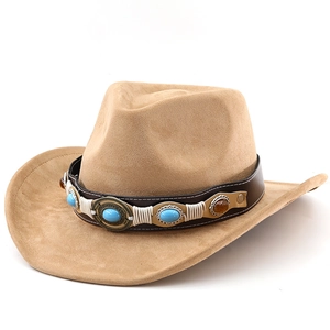 Bohemian suede jazz cowboy hat in light camel with turquoise and beaded ethnic belt