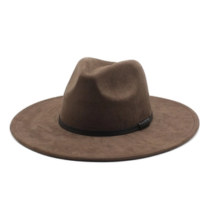Classic dark brown wide brim fedora hat in faux suede with black decorative band