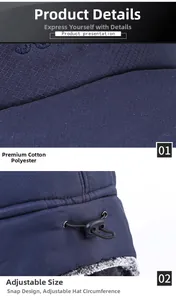 Detail of windproof navy trapper hat fabric and adjustable size drawstring buckle