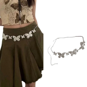 Silver metal butterfly waist chain with oval heart charms and a secure lobster clasp