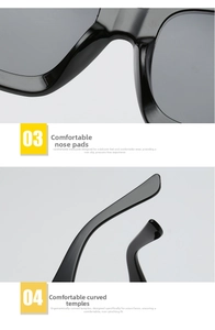 Detail of ergonomic curved temples and anti-slip nose pads on black retro sunglasses