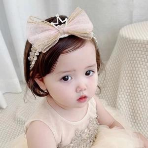 Baby Girl Headband Lace Tulle Mesh Bowknot Rhinestone Crown Elastic Hair Band For Infant Toddler Princess Birthday