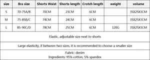 Tabella taglie per shorts di jeans da donna con misure dalla S alla L e materiali