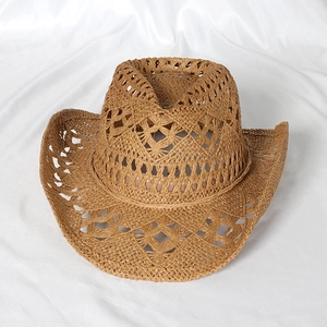 Cappello da cowboy in paglia intrecciato a mano marrone con tesa larga ricurva