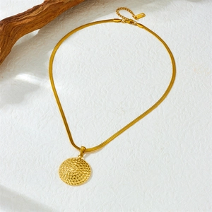 Gold plated stainless steel snake chain necklace with textured spiral disc pendant
