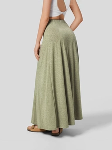 Women's light green high waist knitted maxi skirt with loose drape and A-line silhouette