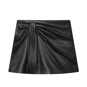 Short Froncé En Similicuir Femmes Taille Haute Plissé Latéral Skort En Cuir PU Sexy Décontracté Streetwear Noir