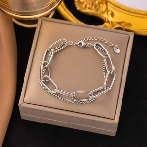Silver double-layer chunky chain bracelet in durable stainless steel for women