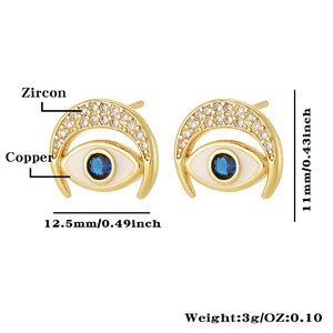 Detail view of golden evil eye earrings with zircon inlay showing 11x12.5mm dimensions
