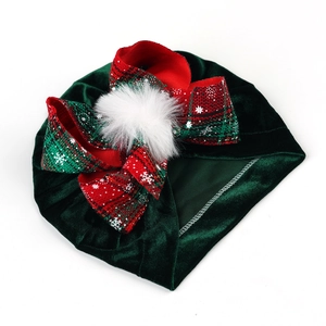 Baby velvet Christmas turban hat with large plaid bow and white faux fur pompom on top