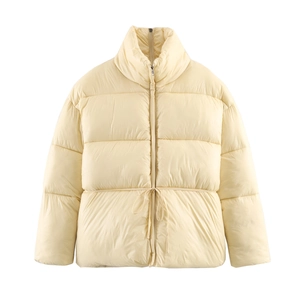 Women Light Yellow Quilted Puffer Jacket Polyester Cotton Blend Stand Collar Half Zip Drawstring Waist Winter Outerwear