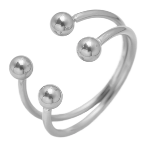 Vue détaillée de la bague ouverte argentée avec design double rang et perles polies