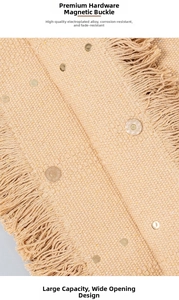 Detail of magnetic buckle and woven fringe on a large canvas tote bag for women