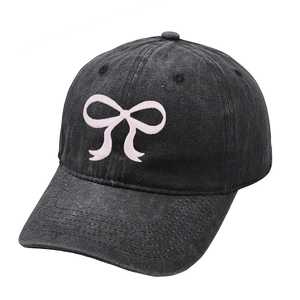 Vintage washed dark grey baseball cap with pink bow embroidery for women