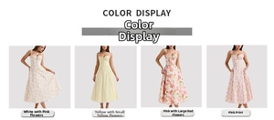 Detail view of four floral summer maxi dresses with spaghetti straps and A-line cut