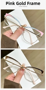 Detail of cat-eye metal glasses frames in pink gold and pure gold finishes