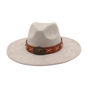 Detail of grey wide-brim felt hat featuring a brown leather band and bull head buckle