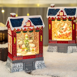 Christmas musical snow globe lanterns with Santa and snowman scenes, warm LED lighting decor