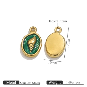 Golden stainless steel conch shell pendant with green enamel detail and dimensions