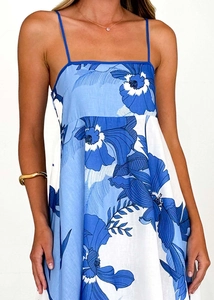 Close-up of the blue floral print and breathable cotton linen texture of the dress