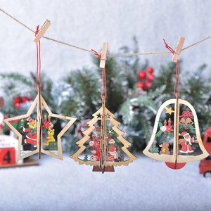 3D hollow wooden Christmas ornaments set with star, tree and bell shapes for holiday decor