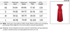 Size chart for off-shoulder red split evening gown with CM measurements for XS to L
